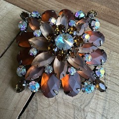 Vintage Flower Brooch 2 Inch Satin Amber Acrylic Layered Tiered Aurora Borealis