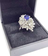18K White Gold 5.90ctw Oval Blue Sapphire & Tapered Baguette Diamond Ring