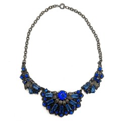 1930s Czech Blue Glass Rhinestone Pot Metal Floral Bib Necklace