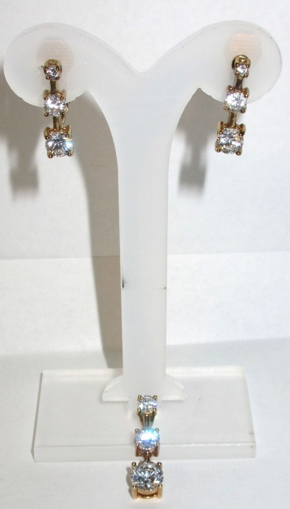 Vintage Gold tone Cubic Zirconia Drop 3 Pendant & Clip On Earring Set (GC1)