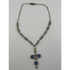 Antique Art Deco Rhinestone Flower Y Drop Necklace Silver Tone READ