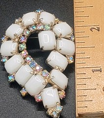 VTG Art Deco Revival Milk Glass AB Rhinestone 2.38″ Teardrop Brooch Pin