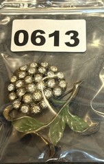 Vintage Art Deco Large Fruit Leaf Brooch Enamel & Rhinestone Pot Metal Pin