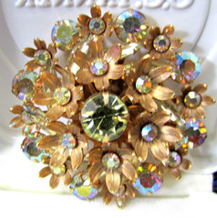 Vintage Aurora Borealis (AB) Clear Rhinestone Floral Brooch Pin Gold Tone MCM
