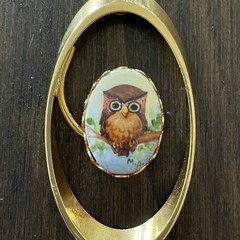 Vintage Gold Tone Elongated Oval Porcelain Pendant With Owl Painting Signed M.A.