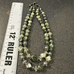 DOUBLE STRAND SHADES OF GREEN BEAD NECKLACE WITH PLASTIC CRYSTAL ACCENTS