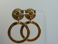 Vintage Monet Black & Gold Door Knocker Round Dangle Post Earrings