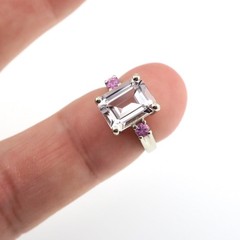 Classic 14k Solid White Gold Natural Sky-Blue Topaz and Pink Sapphire Ring 4.25