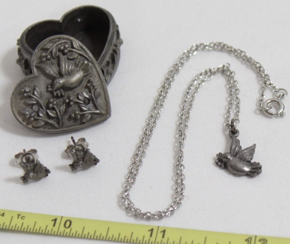 Torino Pewter Heart Birds Trinket Box W/ NECKLACE Earrings Brooch COMPLETE SET!