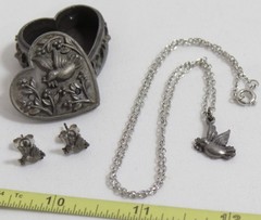 Torino Pewter Heart Birds Trinket Box W/ NECKLACE Earrings Brooch COMPLETE SET!