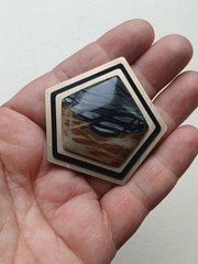 Hexagon Statement Brooch with Marbled Center – Black, White, Brown