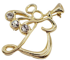 Angel Blowing Trumpet Rhinestone Tipped Wings Shiny Gold Tone Vintage Brooch Pin