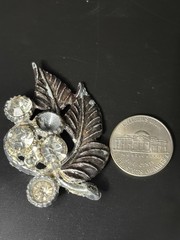 Vintage Pot Metal Brooch Flowers Rhinestone 2” READ