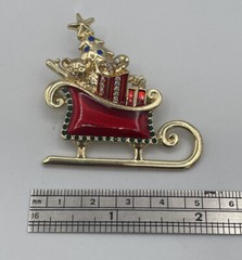LC Lauren Conrad Christmas Sleigh Rhinestone Enamel Brooch Gold Tone Signed