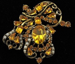 1953 HOLLYCRAFT Rhinestone Floral Brooch Faux Golden Topaz & Pearls Signed Dated