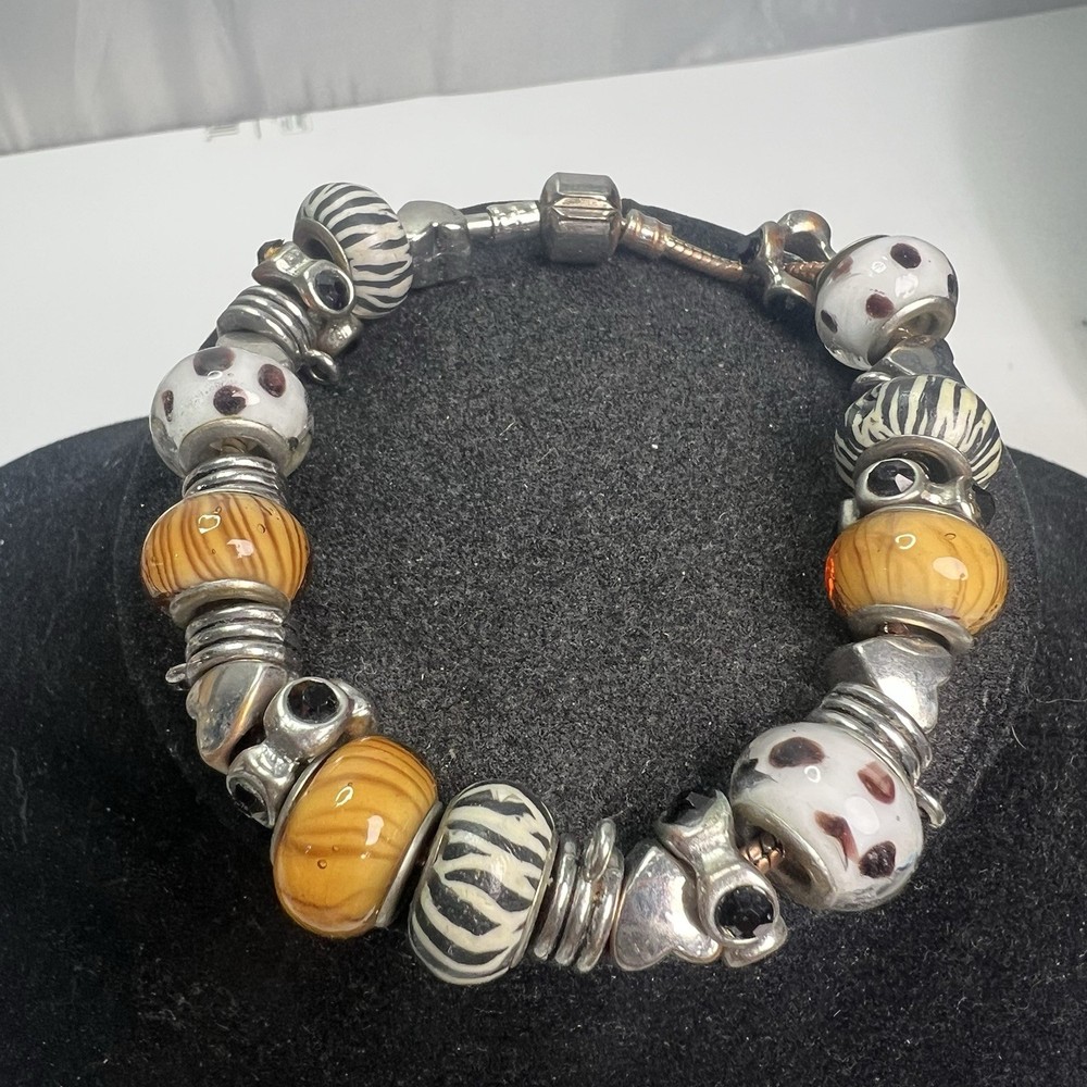 Art Glass Bead Bracelet Black White Polka Dot Animal Print Silver Tone