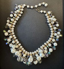 Vintage Filigree Beads Cha Cha Beaded Necklace with Faux Pearls AB Rhinestones