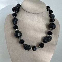 Vintage Chunky Black Faceted Lucite Bead Necklace Raw Nugget Rhinestone Choker