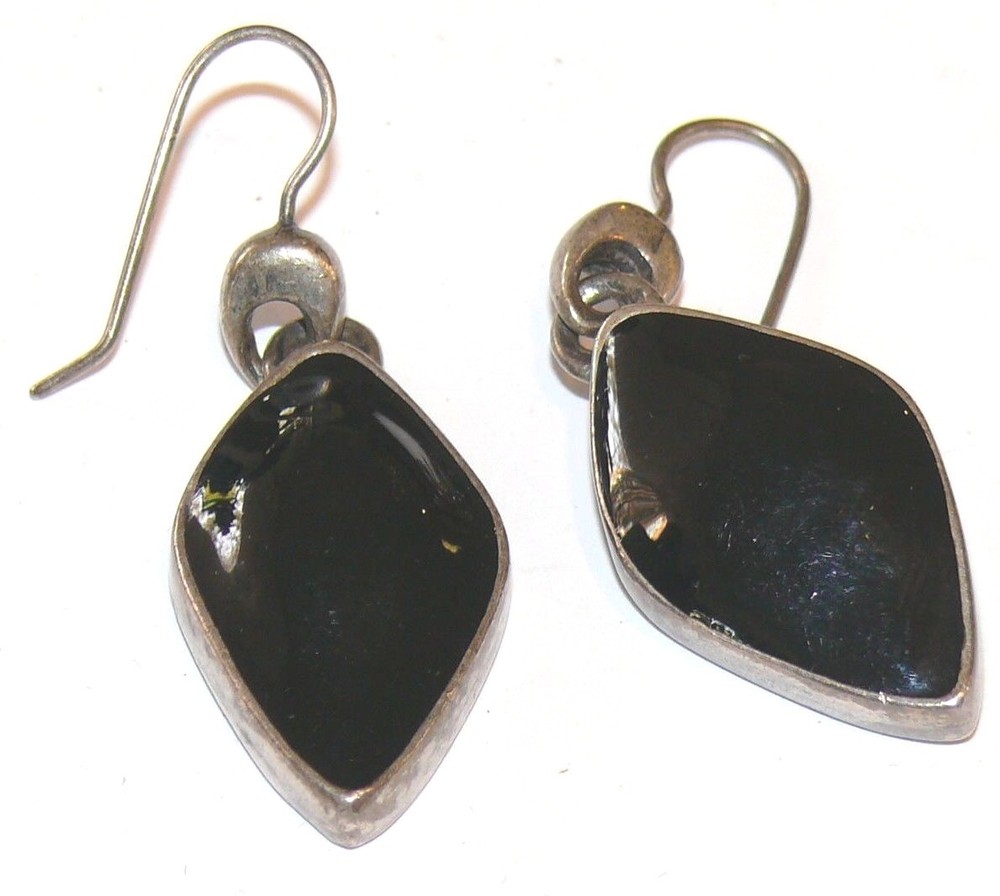 Vintage Silver Metal Black Onyx Dangling Earrings Pierced Wire 15.7 Grams