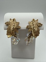 Gold Tone Maple Leaf Clear AB Crystal Dangle Bead Clip On Earrings