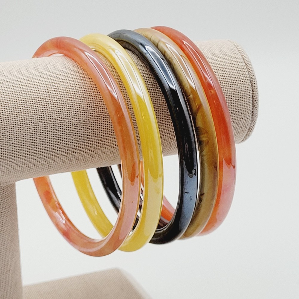 Vintage Set of Five Glass Bangles Autumnal Colors Orange Yellow Brown Bohemian