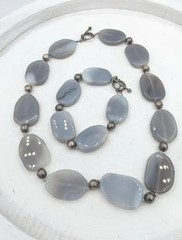 Vintage Gemstone Necklace Bracelet Set Sterling Chunky Silver Gray Agate Toggle