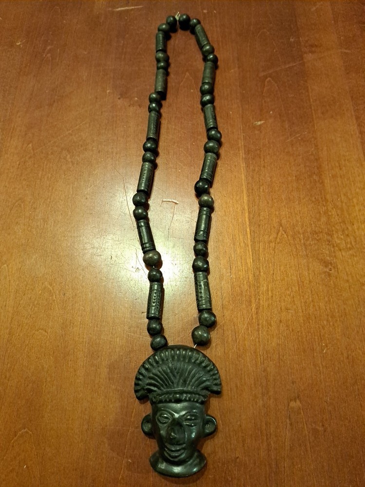 One Of A Kind Vintage Black Jade Stone Hand Carved Necklace And Pendant