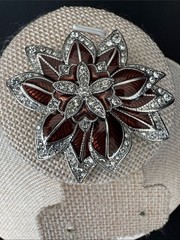 VTG Monet Signed Silver Tone Flower Brooch Brown Enamel Clear Rhinestones
