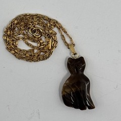 Vtg Tiger Eye Cat Pendant Necklace Monet Gold Tone Chain