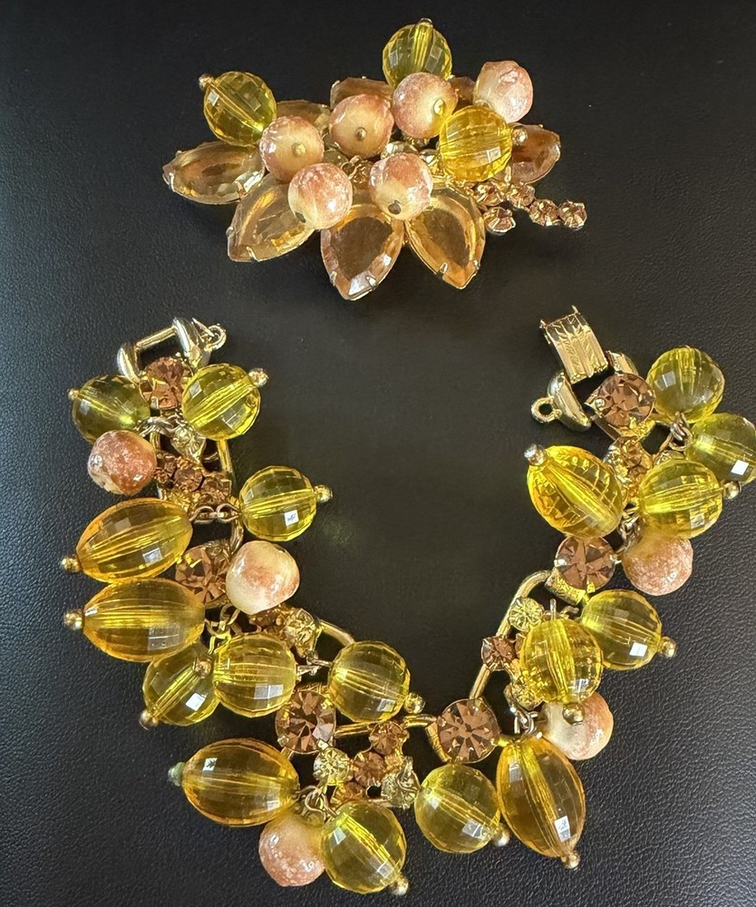 Vtg Juliana D&E Dangle Bead Rhinestone Topaz 5 Link Bracelet & Earring Set