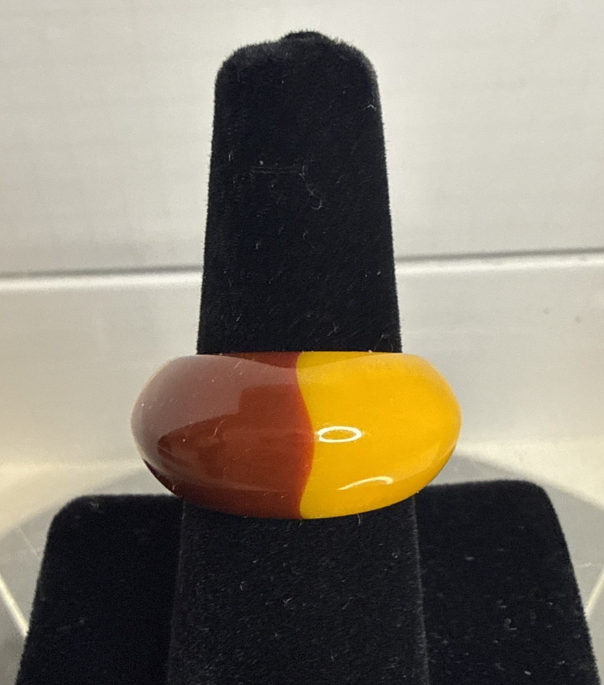Vintage Two Tone Plastic Chunky Dome Ring Brown Yellow