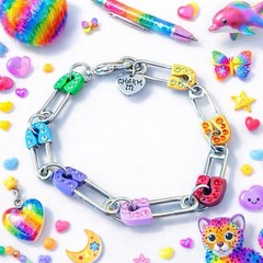 Y2k Vintage Charm It Safety Pin Chain Bracelet 6.5″ Colorful Rhinestone Kidcore