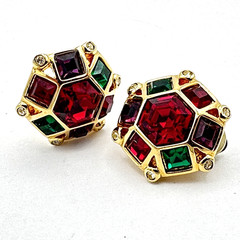 SWAROVSKI vintage earrings – hexagon clip-ons – gold & jewel-tone crystals swan