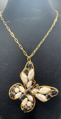 Vintage Gold Tone Butterfly Pendant Necklace Black White Rhinestone Statement