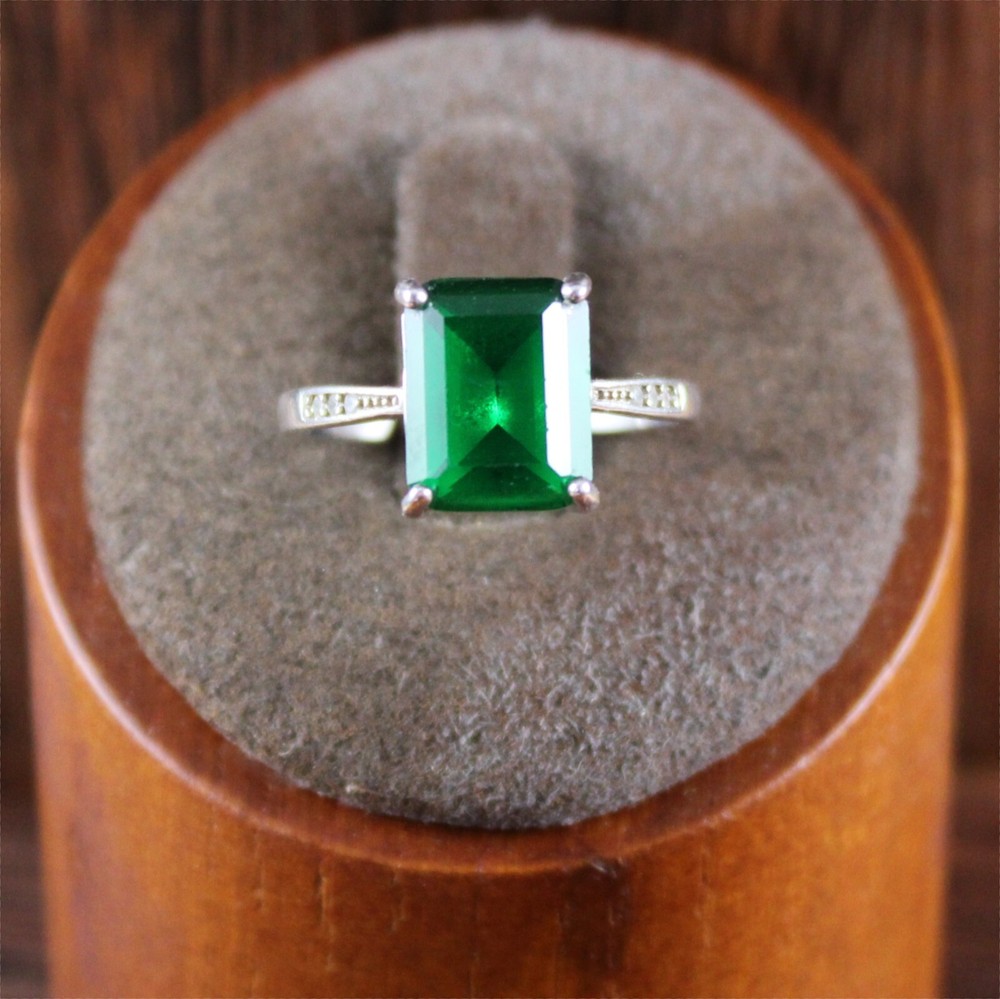 Lab Created Green Emerald Solitaire Ring Zircon Accent Sterling Silver Sz 6.25