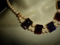 FAUX PEARLS W 5 LARGE MULTI COLORED RECTANGLE RHINESTONES BIB NECKLACE #23/2