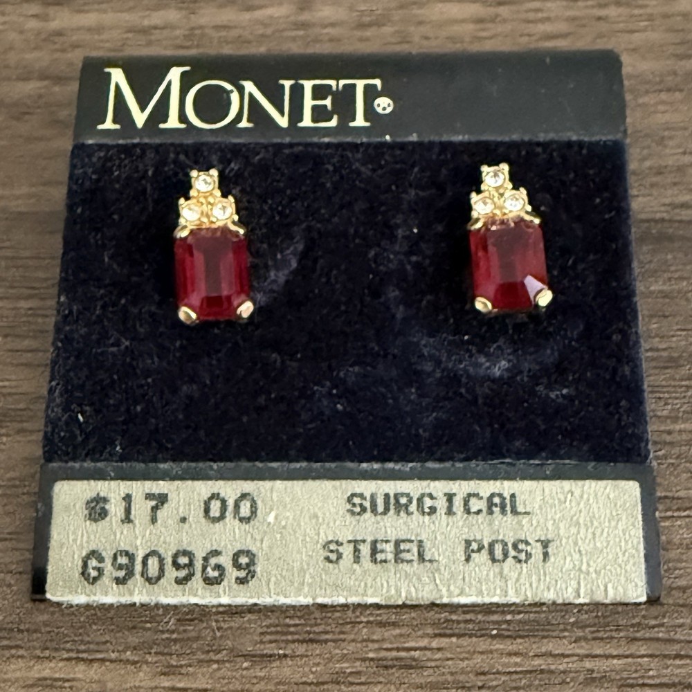 Monet Gold Plated Stud Earrings Faux Ruby and Cubic Zirconia Pierced Vintage