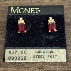 Monet Gold Plated Stud Earrings Faux Ruby and Cubic Zirconia Pierced Vintage