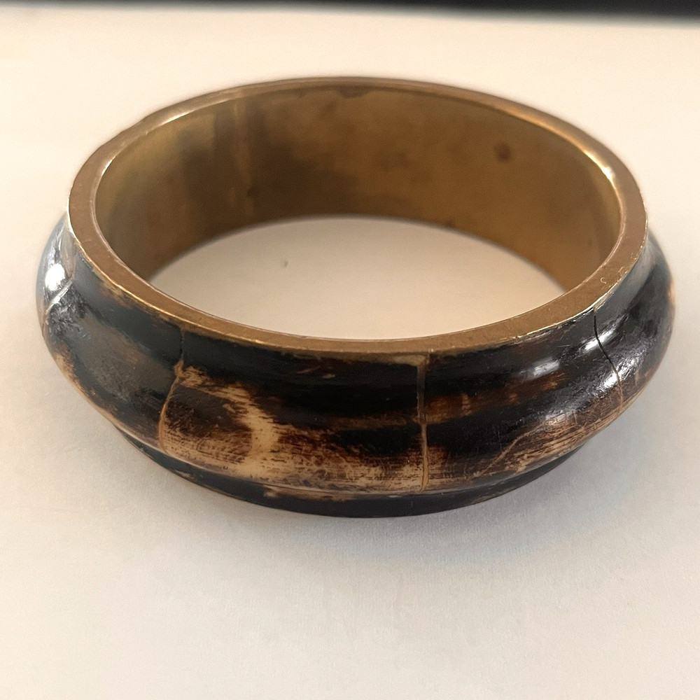 Vintage Natural Horn Bangle Bracelet Brass Lined Segmented Tortoise Pattern Wide