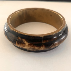 Vintage Natural Horn Bangle Bracelet Brass Lined Segmented Tortoise Pattern Wide