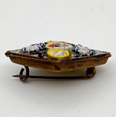 Vtg Micro Mosaic Pin Diamond Shaped 1.25 in Fan and Floral Gold Tone Metal Italy