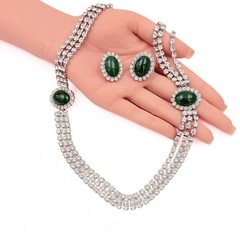 Eisenberg Ice Signed Green Glass Cabochon Clear Rhinestone Necklace Earring Set