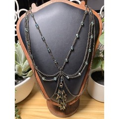 Layered Chain Necklace with Iridescent Beads and Tassel Charm