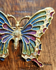 Vintage Butterfly Brooch features a Gold Tone Base w/ Enamel- Blue Green Purple