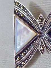 VINTAGE STAMPED 925 STERLING ONYX MOTHER OF PEARL MARCASITE BUTTERFLY PIN