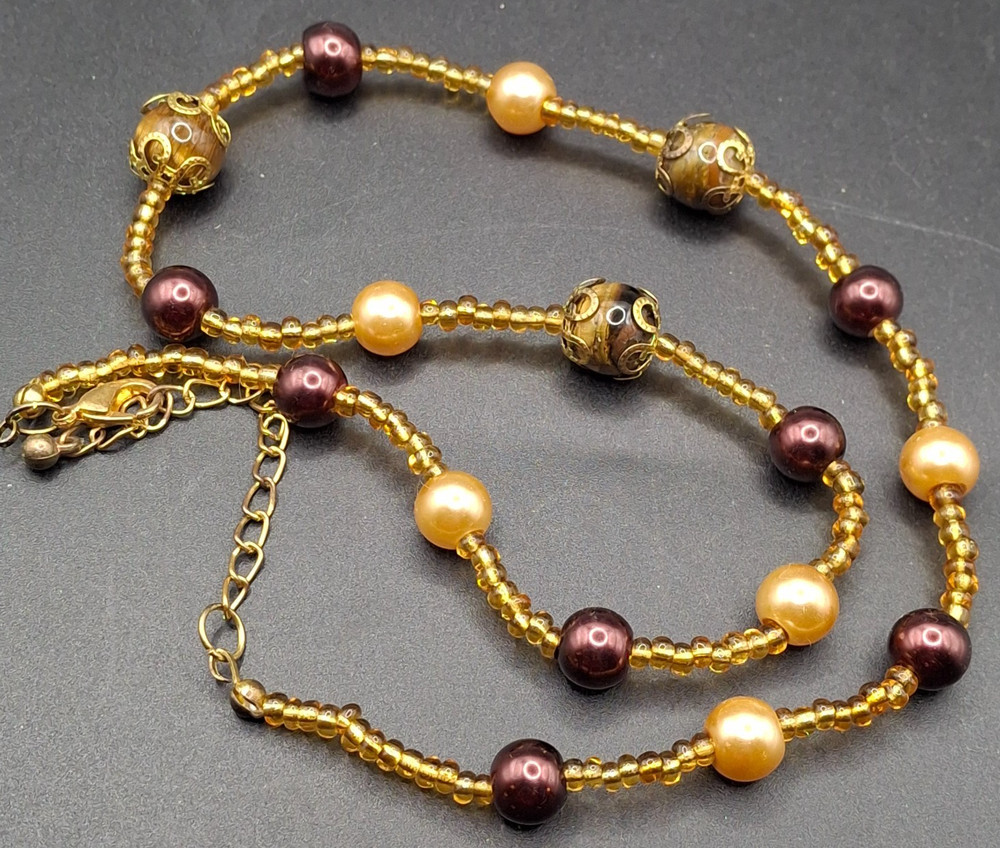 Vintage Beaded Necklace with Murano Glass Beads & Faux Pearl Purples & Golds