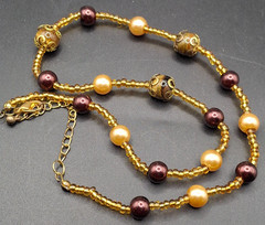Vintage Beaded Necklace with Murano Glass Beads & Faux Pearl Purples & Golds
