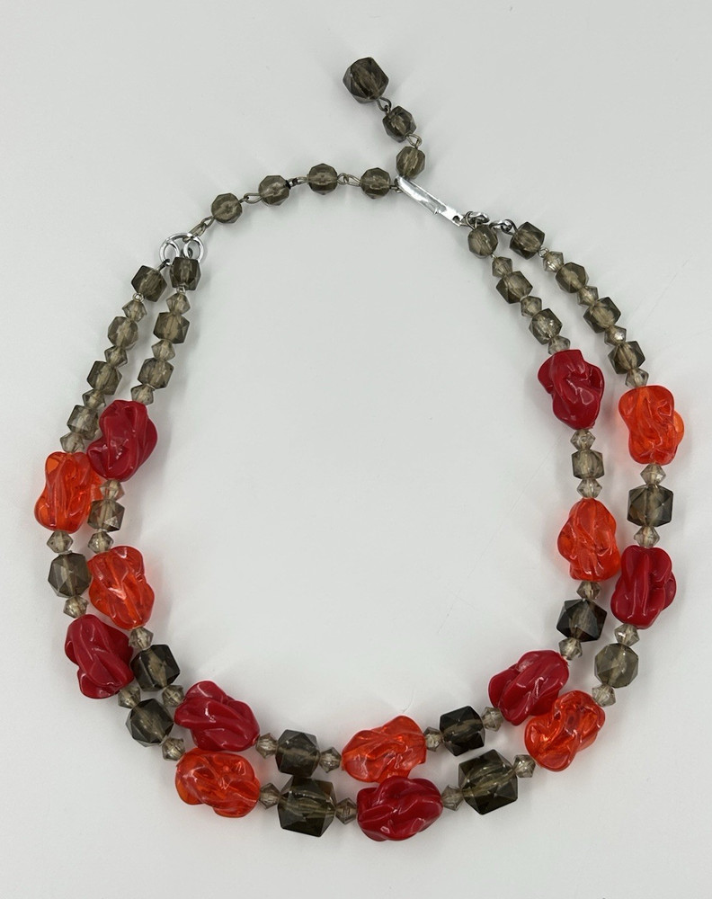 Vintage Western Germany Double Strand Red Gray Lucite Necklace 13-15 Inch