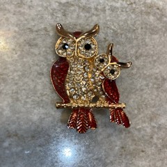 BROOCH GOLD TONE PIN RHINESTONE ENAMEL RED OWL BIRD