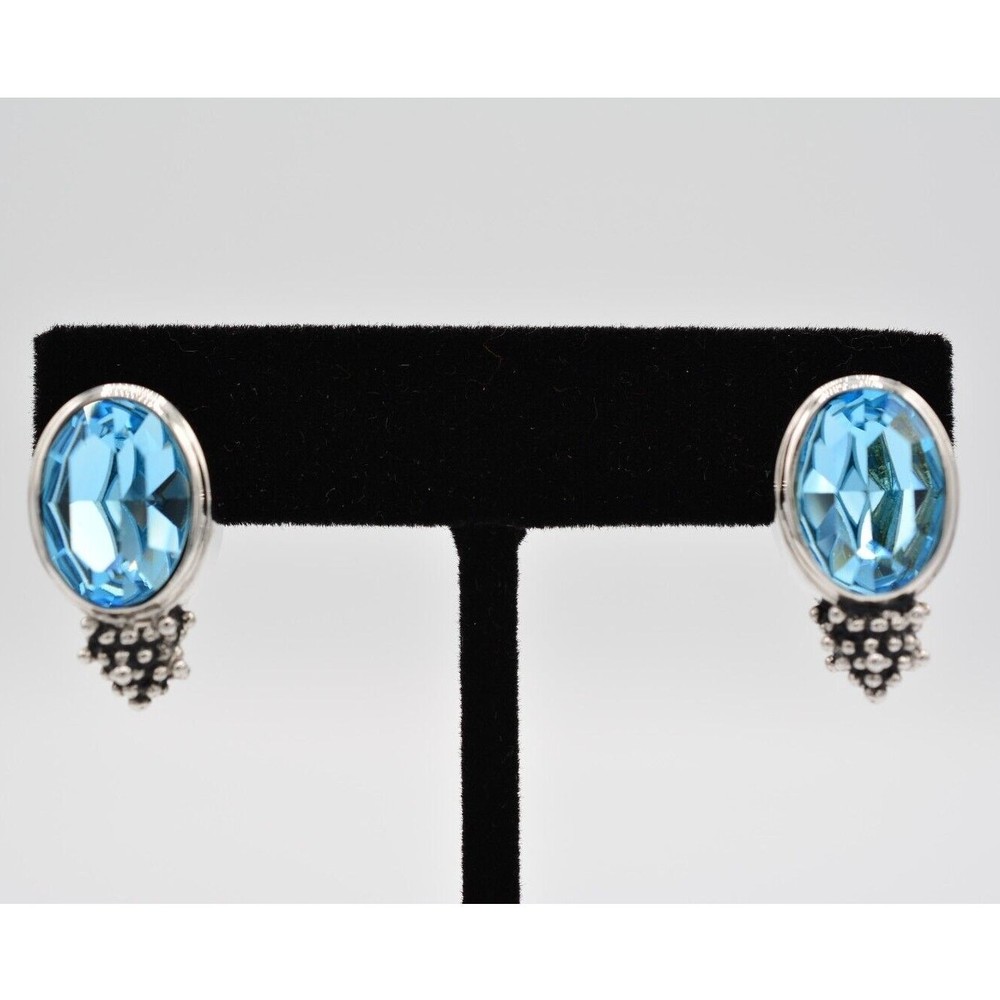 Vintage Crystal Earrings Shiny Blue Rhinestone Chunky Silver Tone Signed BinW